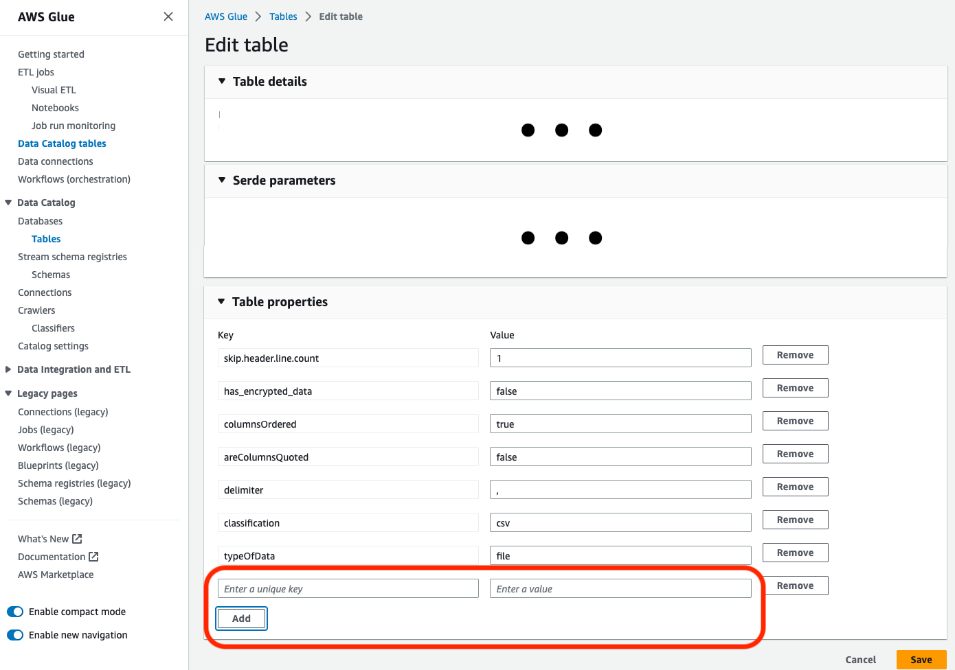 Bearbeitungsfeld für Eigenschaften der Katalogtabelle in der Konsole. AWS Glue