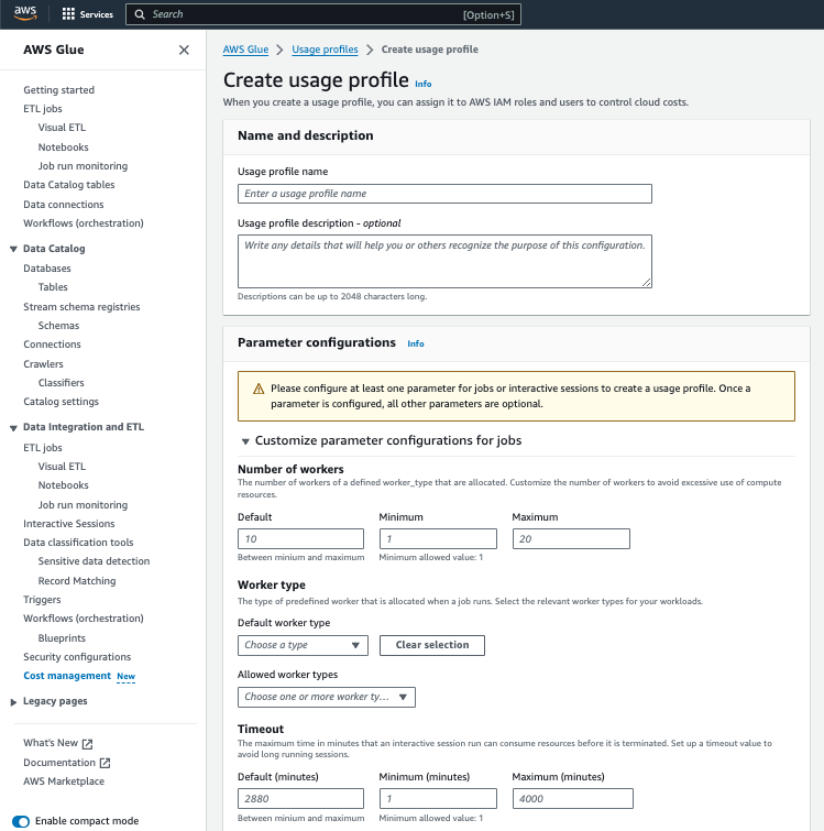 Ein Beispiel für einen Administrator, der ein Nutzungsprofil in erstellt AWS Glue.