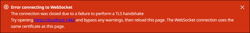 Der WebSocket TLS-Handshake-Fehler in der lokalen Debug-Konsole.