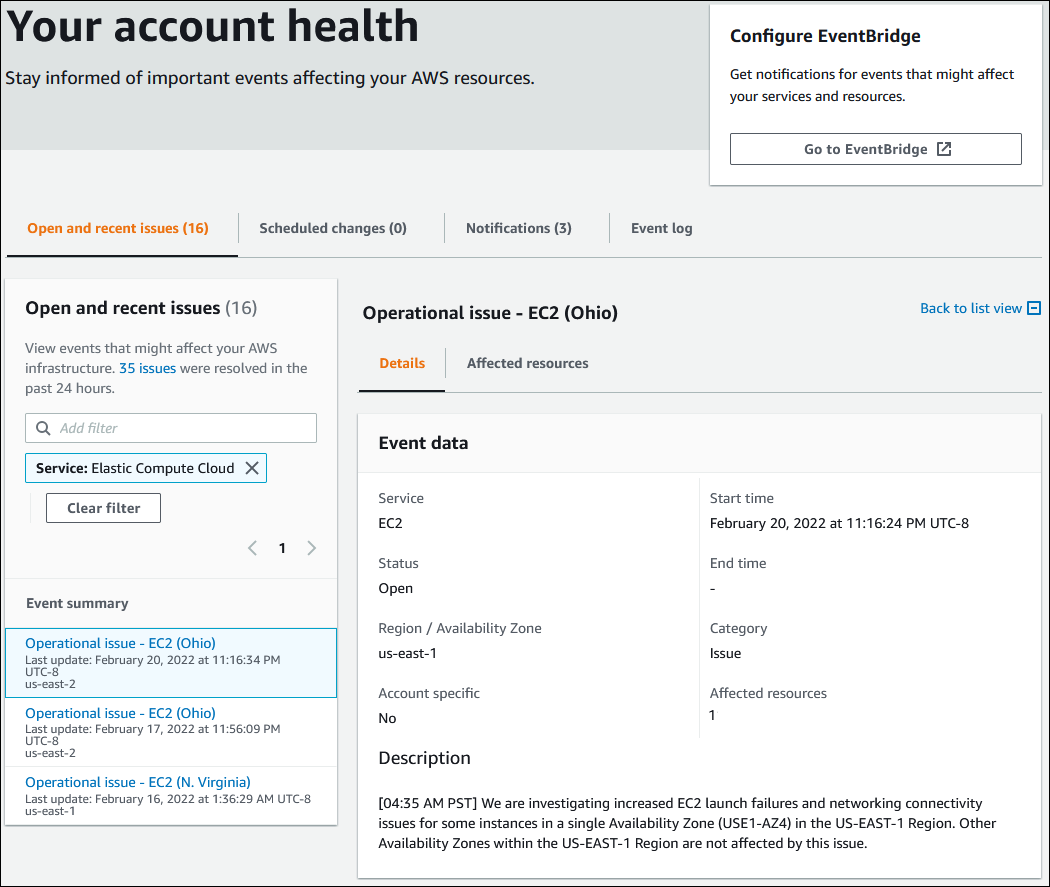 Screenshot Ihrer Kontoereignisse in der AWS Health Konsole.
