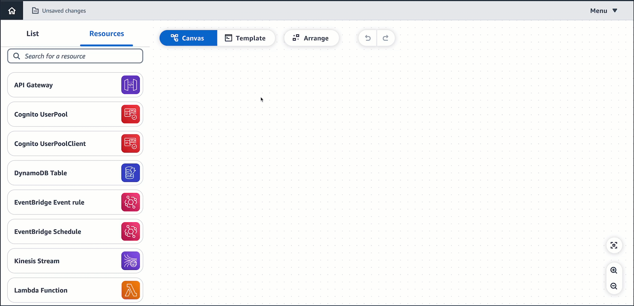 Die Infrastructure Composer-Arbeitsfläche mit einer API-Gateway-API, einer Lambda-Funktion und einer DynamoDB-Tabelle, die miteinander verbunden sind.