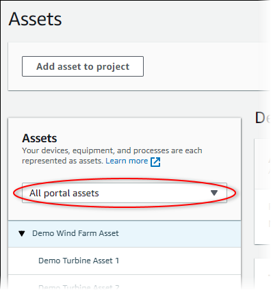 Die Seite „Assets“, auf der die Dropdown-Liste Projekte aufgerufen wird.