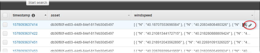 Screenshot der DynamoDB-Tabellenseite mit dem Bearbeitungssymbol in einer hervorgehobenen Zeile.