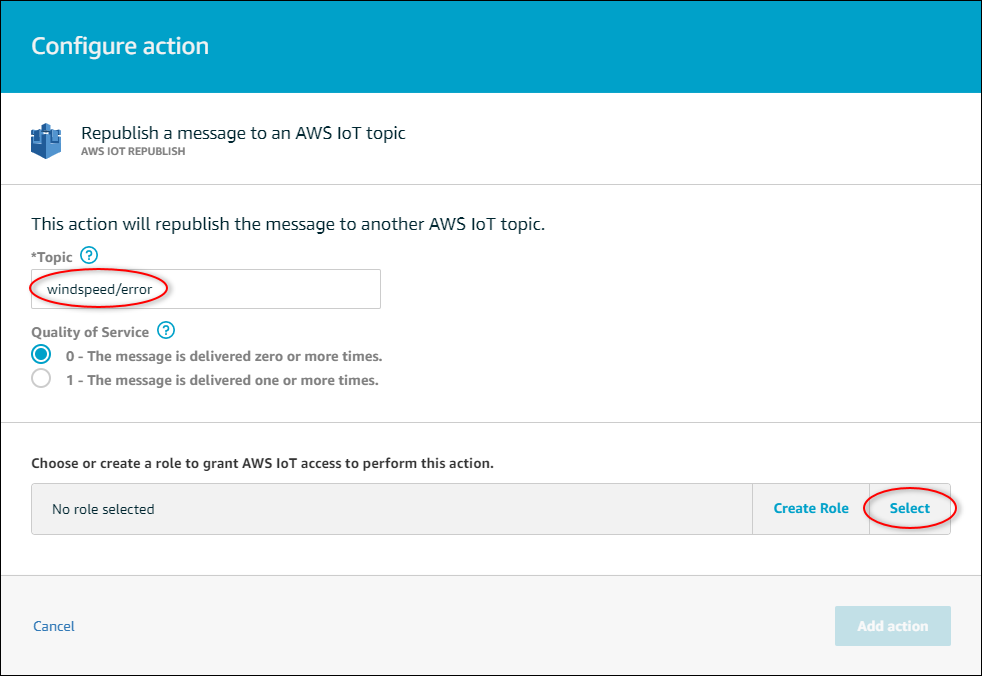 
      AWS IoT Screenshot der Core-Seite „Aktion „Erneute Veröffentlichung konfigurieren“, auf der das „Thema“ hervorgehoben ist.
     