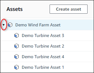 AWS IoT SiteWise Screenshot der Hierarchie Demo Wind Farm Asset „“.