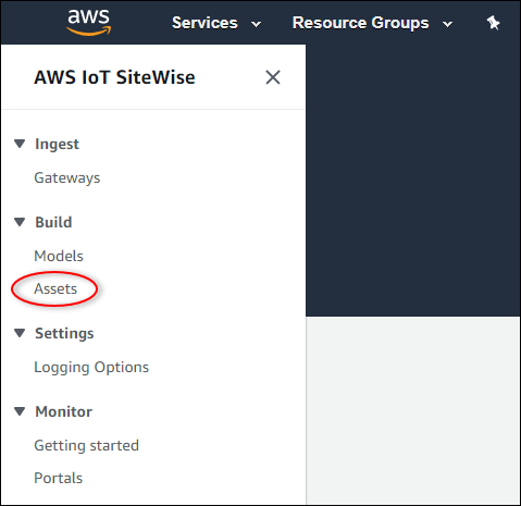 AWS IoT SiteWise Screenshot des linken Navigationselements „Assets“.