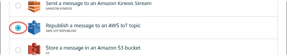 
      AWS IoT Core Screenshot der Seite „Aktion auswählen“, auf der die Aktion „Erneut veröffentlichen“ hervorgehoben ist.
     