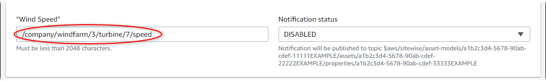 AWS IoT SiteWise Screenshot der Seite „Asset bearbeiten“ mit hervorgehobenem Eigenschafts-Alias.