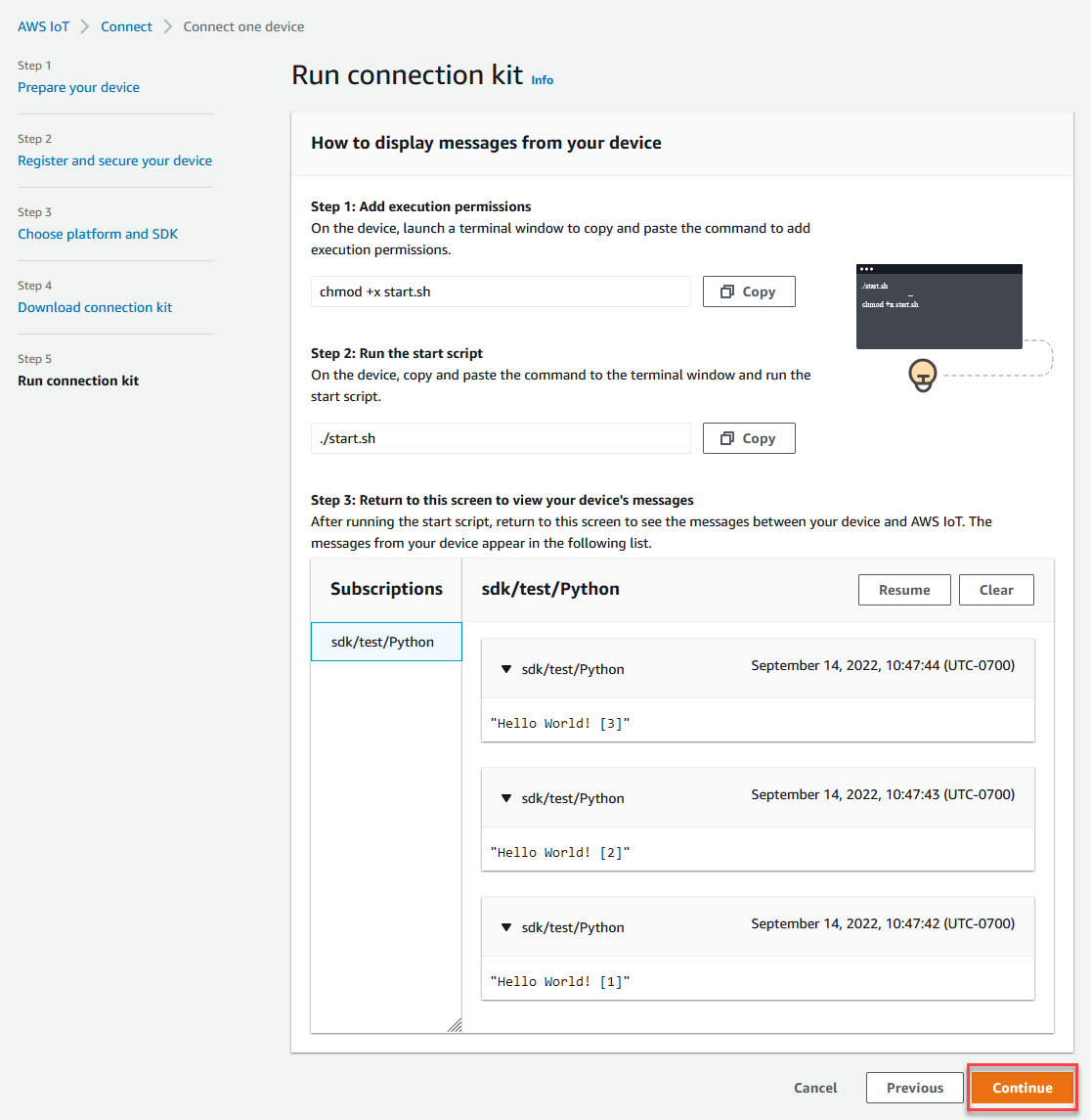 AWS IoT Schnellstart-Abschlussseite für die Konsole.