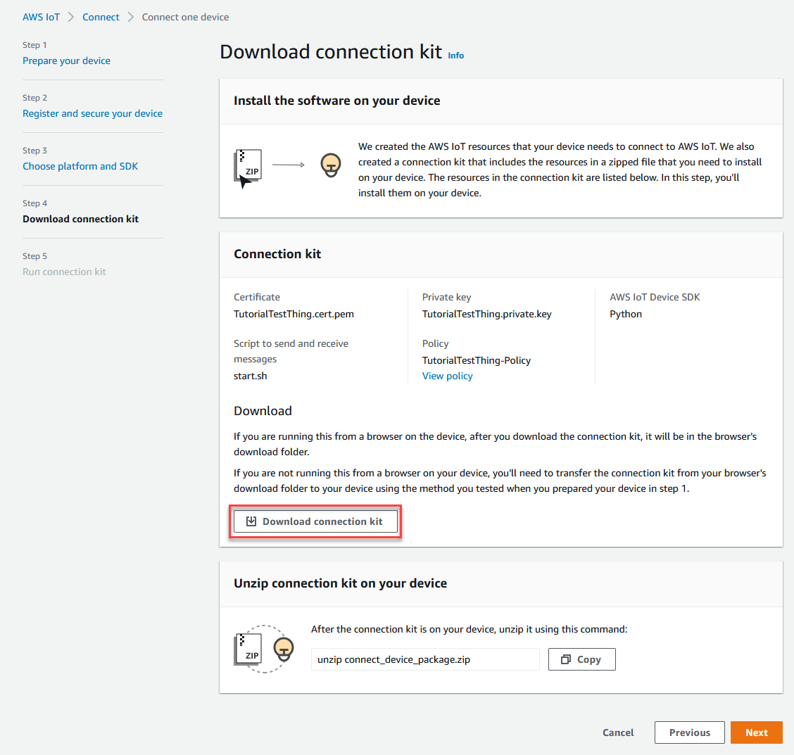 Dies ist die Seite der AWS IoT Konsole, auf der Sie die Zertifikatsdatei herunterladen können.