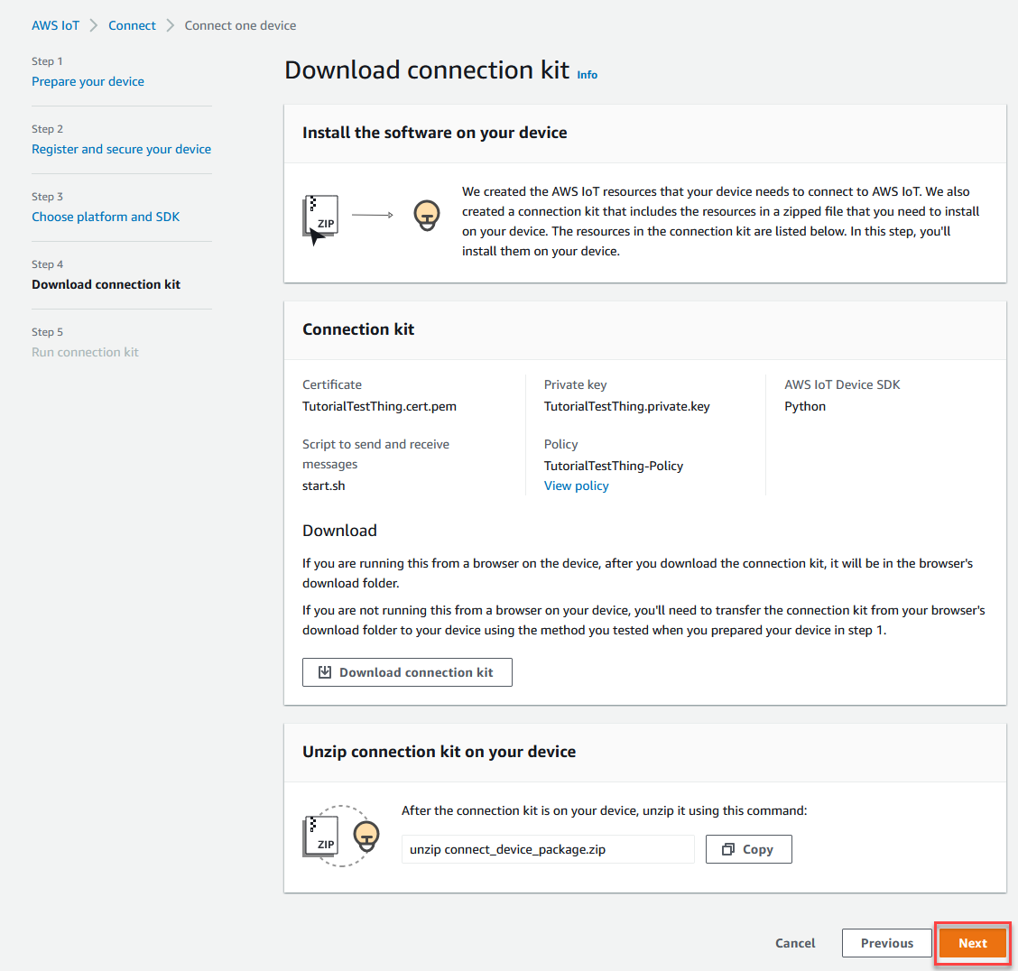 AWS IoT Seite zum Herunterladen der Konsolenzertifikatsdatei nach dem Herunterladen des Connection-Kits.