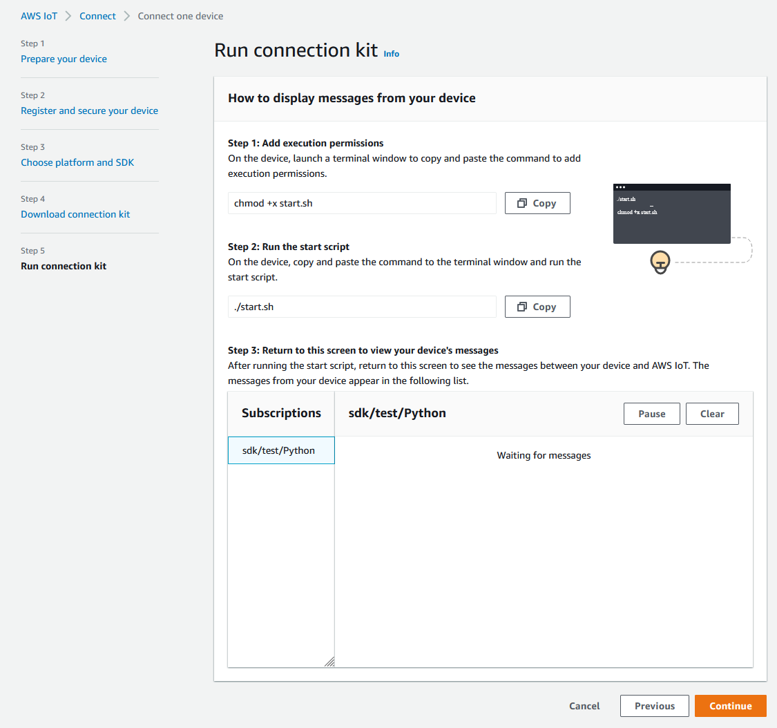 AWS IoT Installations- und Ausführungsseite für die Konsole mit Schnellstart.