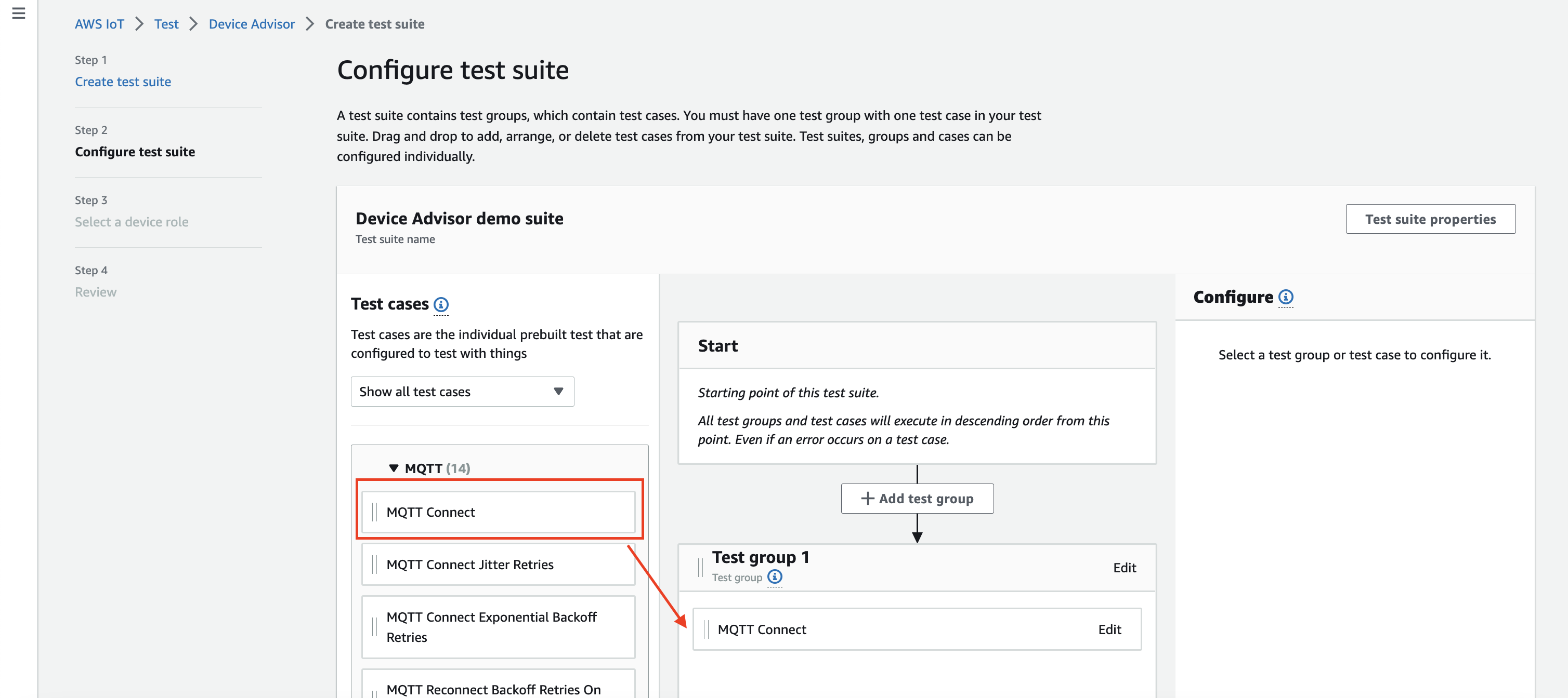 Die Konfigurationsoberfläche für die Erstellung einer Testsuite in Device Advisor mit Optionen zum Hinzufügen von Testgruppen und Testfällen zum Testen von IoT-Geräten.