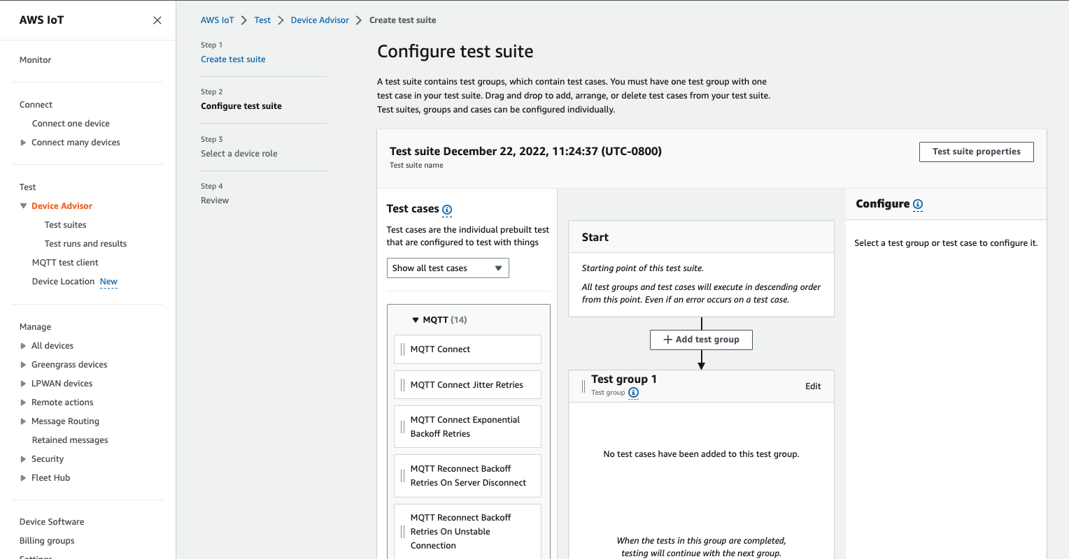 Seite „Testsuite konfigurieren“, auf der Schritte zum Erstellen einer Testsuite mit Testgruppen und Fällen zum Testen von IoT-Geräten aufgeführt werden.