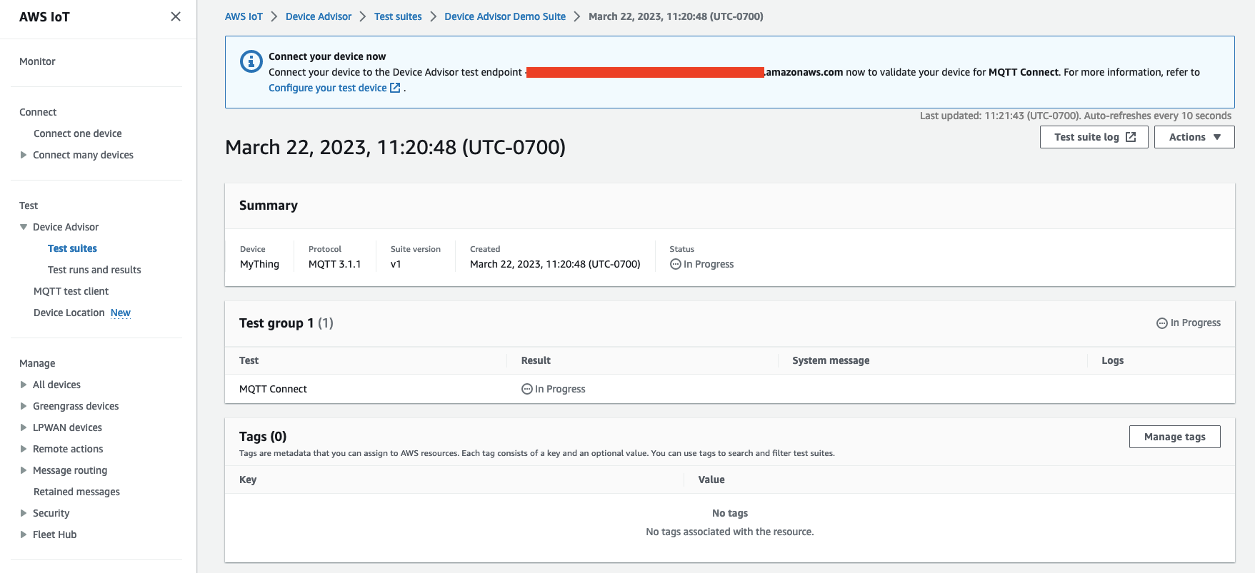 Die Testsuite-Schnittstelle, die darauf hinweist, dass für das Gerät "" MyThing ein MQTT 3.1.1-Test im Gange ist.