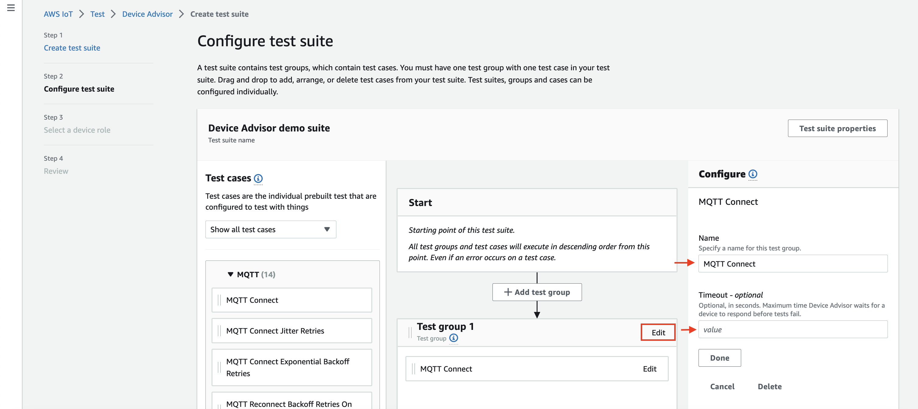 Konfigurationsoberfläche für die Testsuite mit Optionen zur Konfiguration von Testgruppen, Testfällen, Timeout-Einstellungen und Startpunkten für die Ausführung der Testsuite.