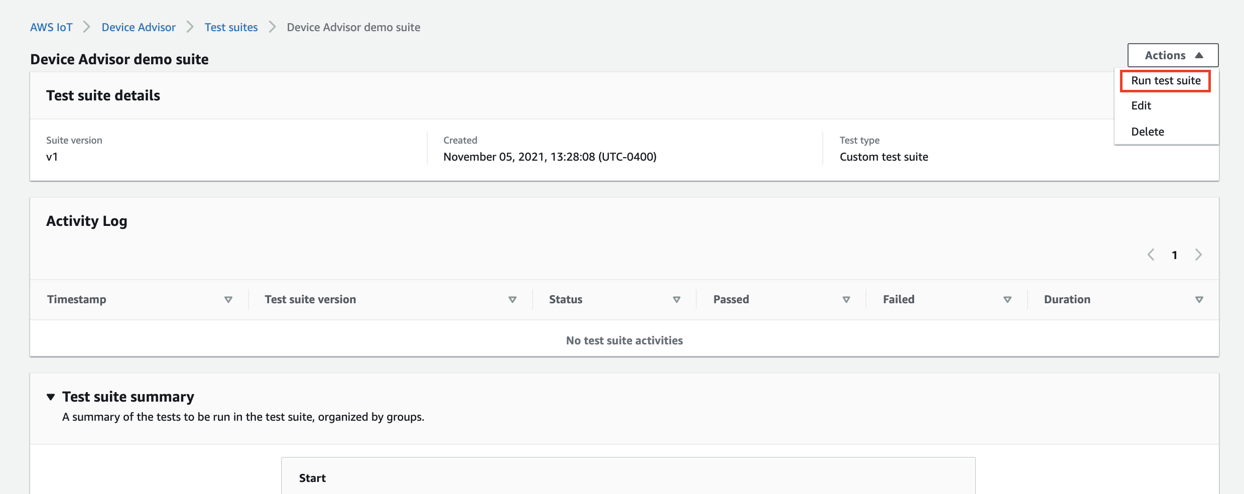 Die Demo-Suite-Seite mit der Schaltfläche „Testsuite ausführen“ und einem leeren Aktivitätsprotokoll, aus dem hervorgeht, dass keine vorherigen Testsuite-Ausführungen ausgeführt wurden.