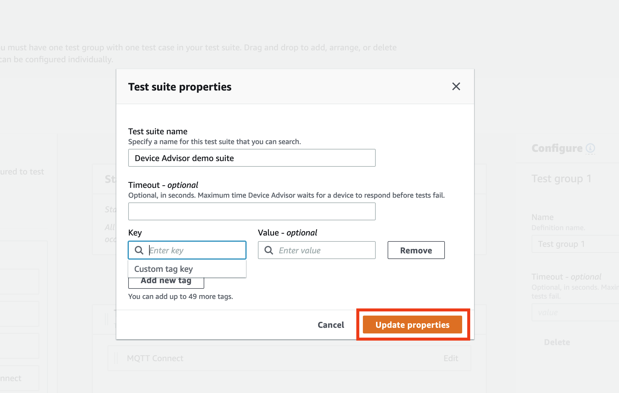 Das Fenster mit dem Titel „Eigenschaften der Testsuite“ zeigt Felder zur Angabe eines Testsuite-Namens, eines Timeouts und benutzerdefinierter Tags für eine Device Advisor-Demosuite.