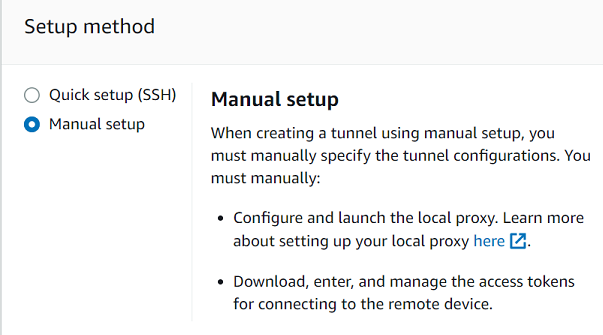 Zwei Optionen für die Einrichtung einer Tunnelverbindung: Quick Setup (SSH) oder Manuelles Setup, das die Konfiguration eines lokalen Proxys und die Verwaltung von Zugriffstoken erfordert.