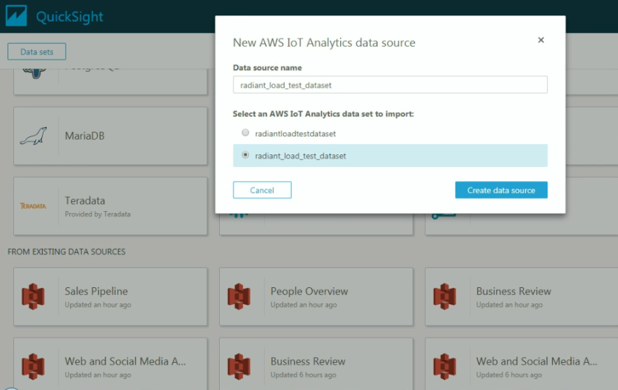 Screenshot, wie Sie eine neue Datenquelle in erstellen QuickSight.