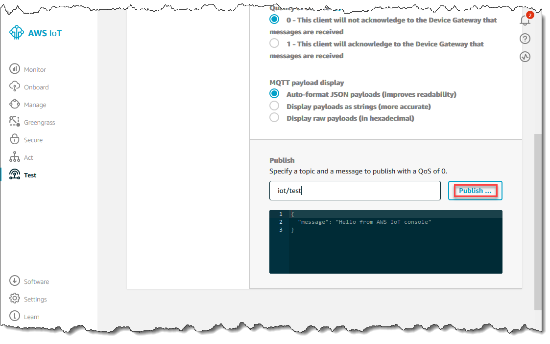 Screenshot der „Test“ -Seite in der AWS IoT Konsole.
