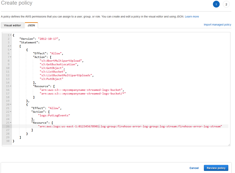 Screenshot zur Darstellung des Erstellens einer IAM-Richtlinie zum Erteilen von Zugriff auf Amazon S3