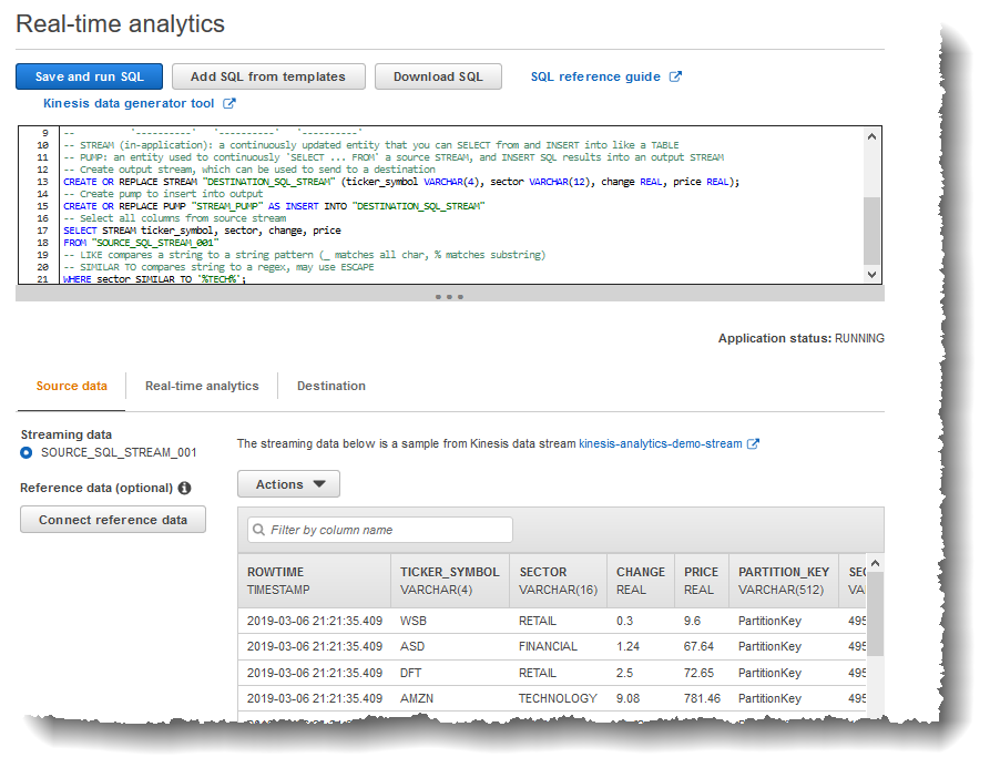 Screenshot des SQL Editors mit Ergebnissen, die auf der Registerkarte „Echtzeitanalysen“ angezeigt werden.