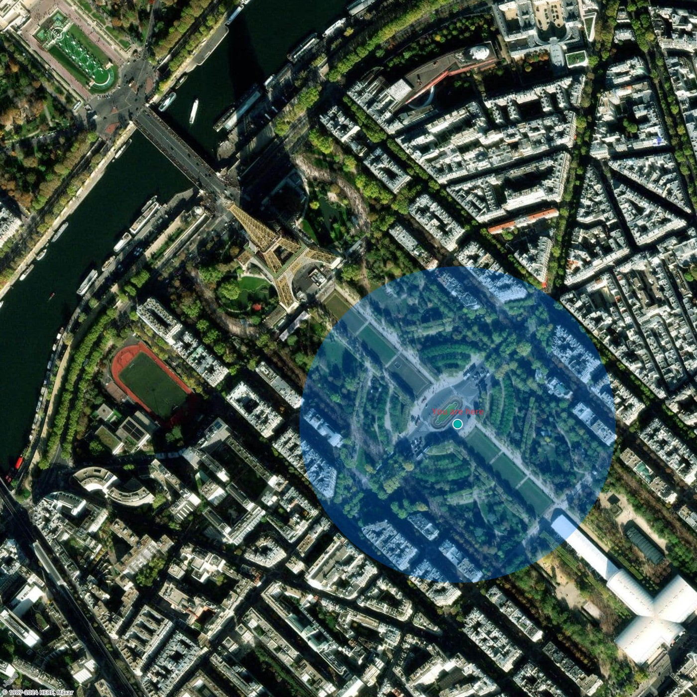 Beispielkarte, die einen Näherungskreis rund um den Eiffelturm zeigt.