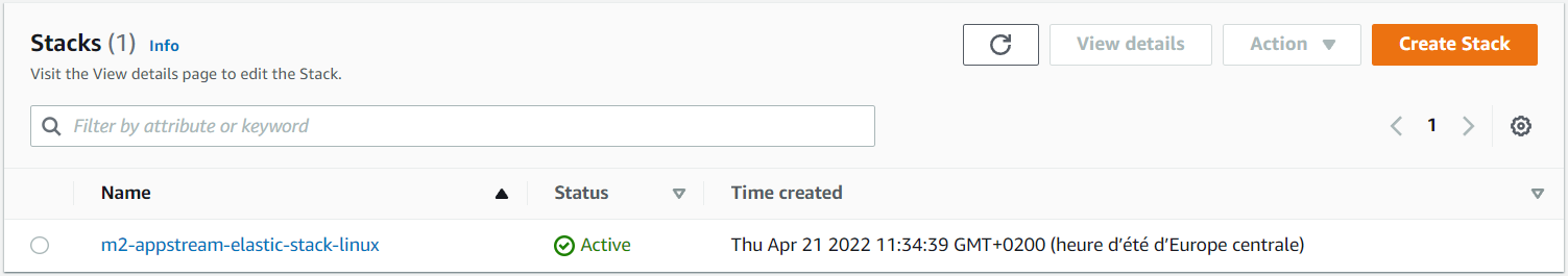 Die Stacks-Seite in AppStream 2.0 zeigt den Stack, der für die AWS Mainframe-Modernisierung erstellt wurde.