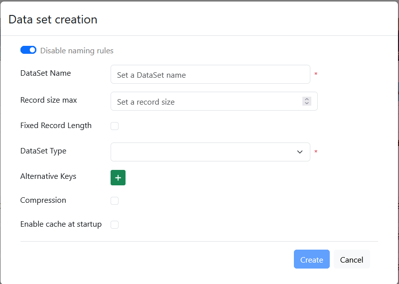 Data set creation form with fields for name, record size, type, and other configuration options.