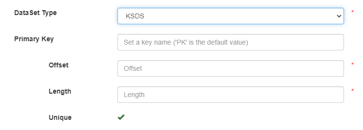 Form fields for KSDS dataset configuration, including Primary Key, Offset, Length, and Unique option.