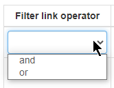 Dropdown menu showing options for filter link operator: "and" or "or".