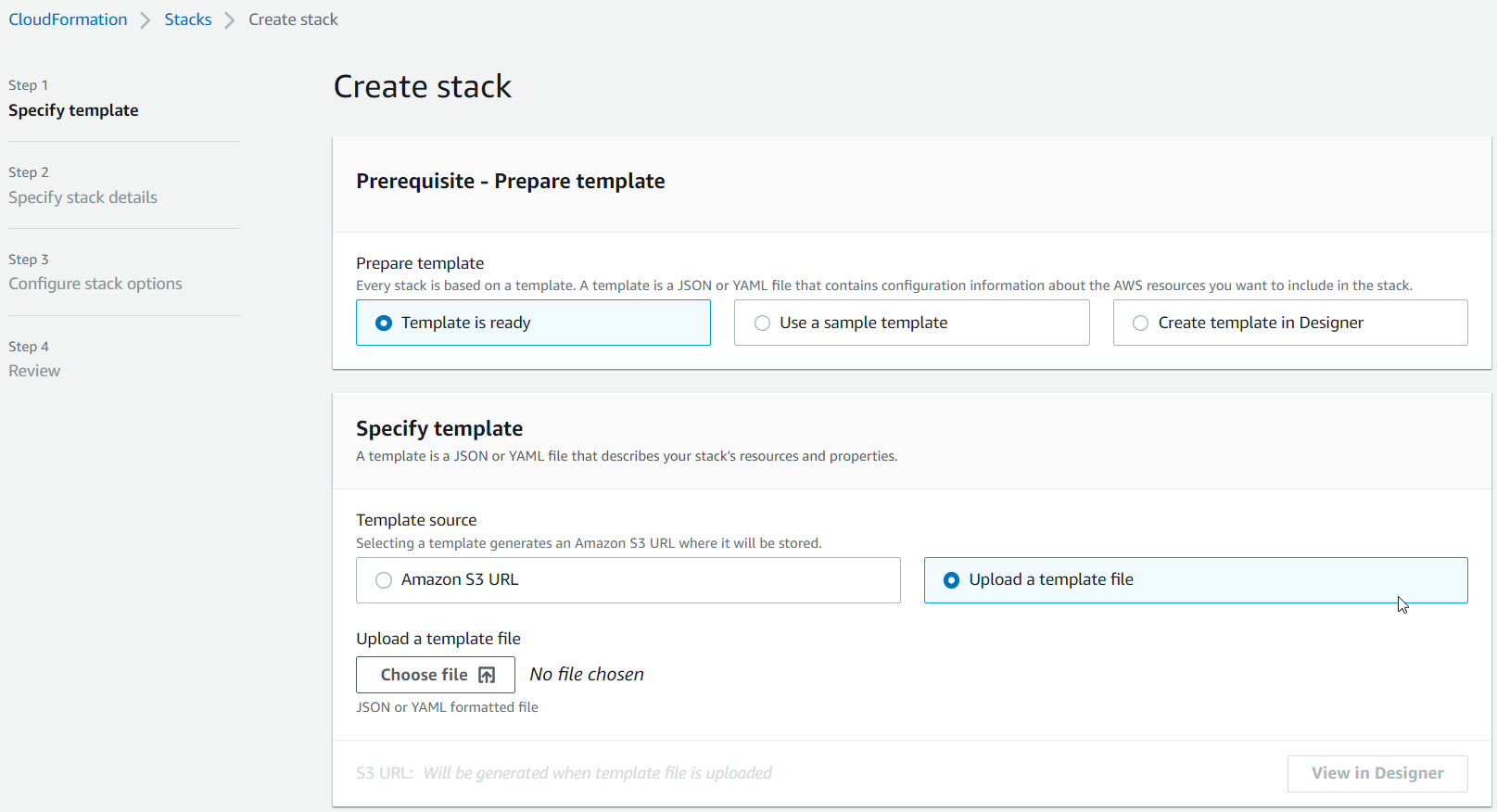 Die Seite „Stack AWS CloudFormation erstellen“ mit der Vorlage, die zum Hochladen der ausgewählten Datei bereit ist.