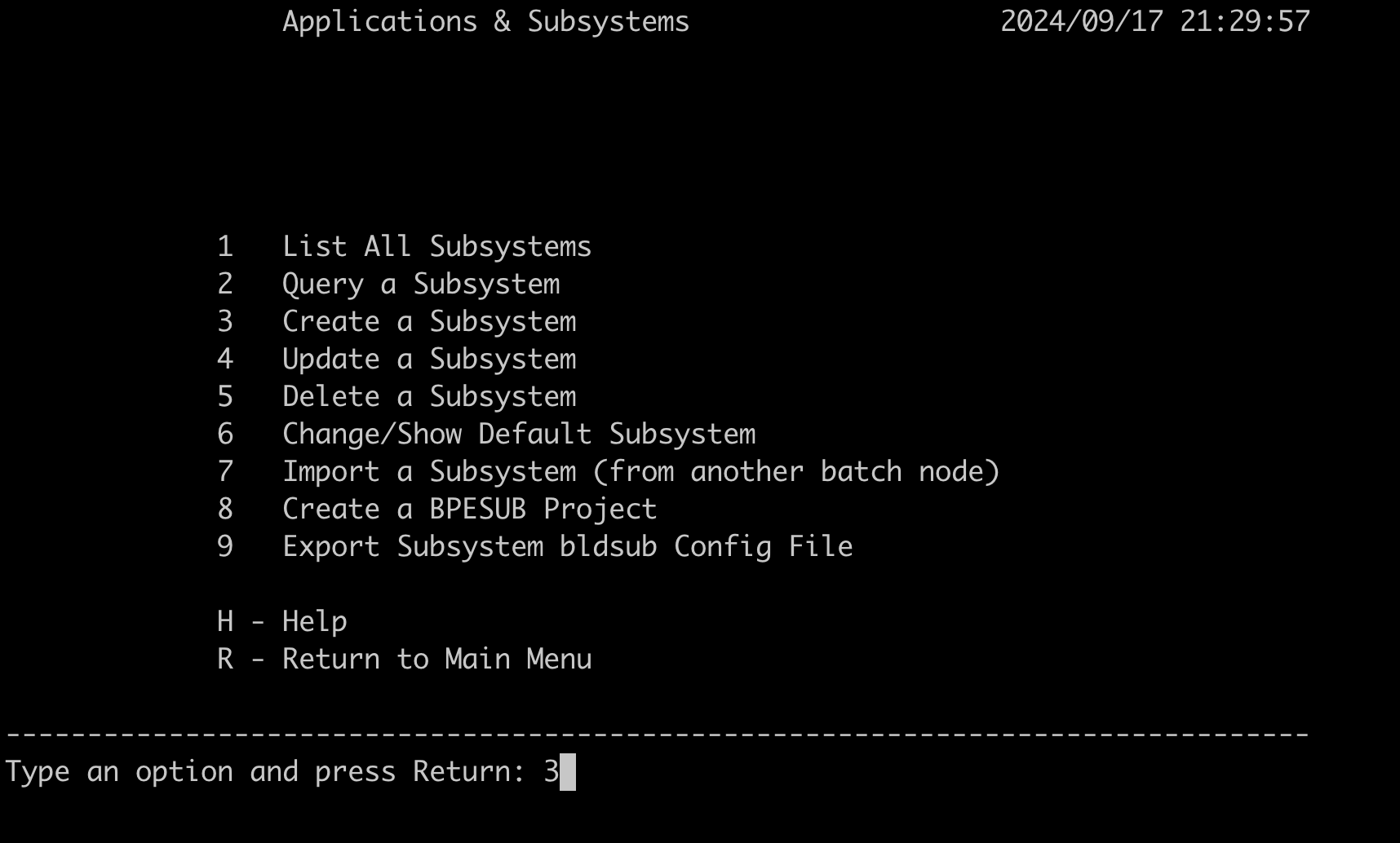 Option 3 Erstellen Sie ein Subsystem, das auf dem Bildschirm „Anwendungen und Subsysteme“ ausgewählt wurde.