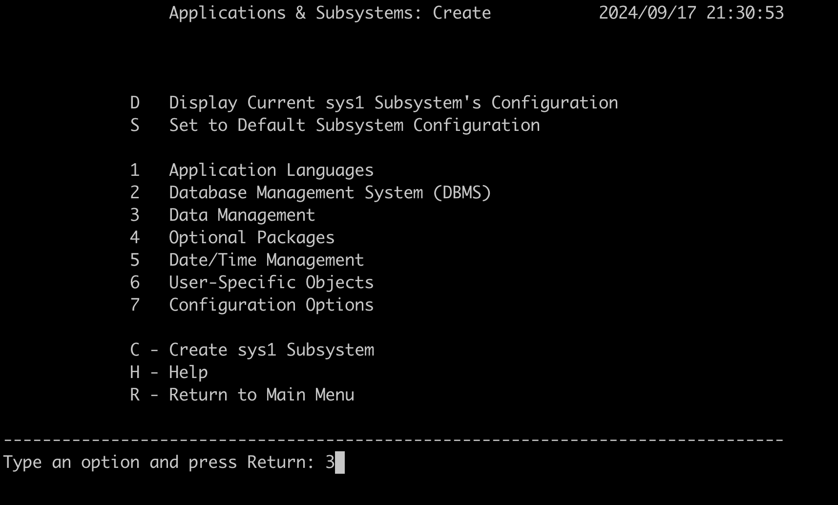 Wählen Sie auf dem Bildschirm „Erstellen“ in Anwendungen und Subsystem Option 3 „Datenverwaltung“.