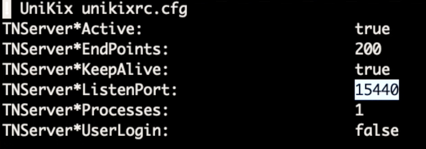 Zeigt die Details der Datei UniKix unikixrc.cfg mit dem Listener-Port 15440 an.