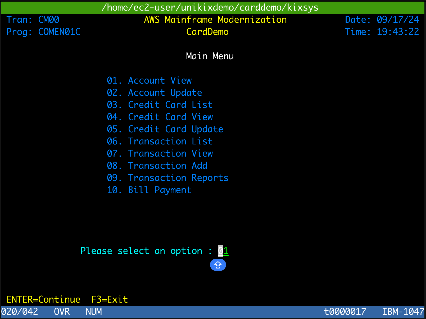 CardDemo Das Hauptmenü der Anwendung im Emulator mit der ausgewählten Option 1.