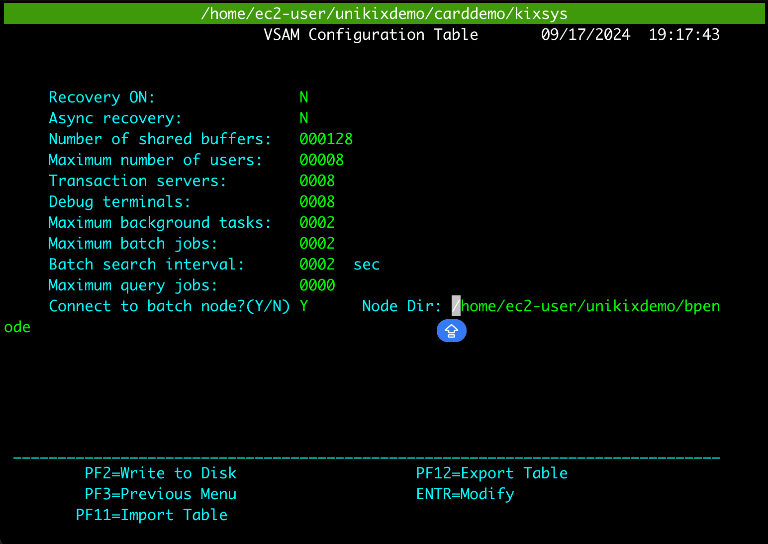 VSAM-Konfigurationstabelle im TN327 0-Terminal-Emulator. Anzeige von Werten für jedes der Felder in der Tabelle.