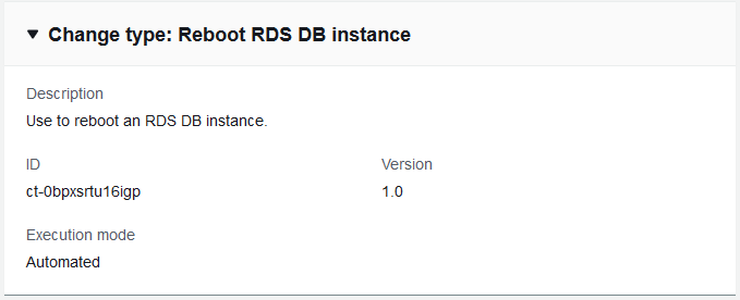 Änderung type details for rebooting an RDS DB instance, including ID and version.