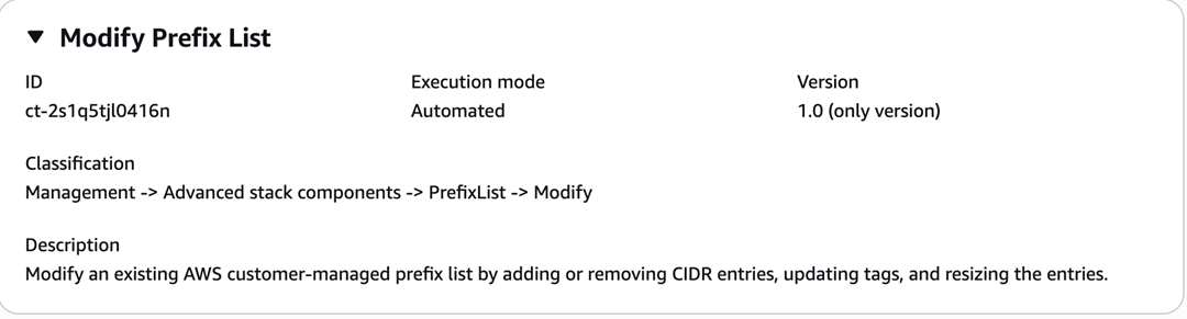 Screenshot des Änderungstyps „Liste verwalteter Präfixe ändern“ in der AMS-Konsole