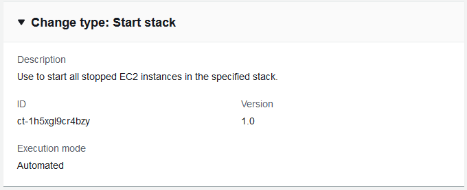 Änderung type details for "Start stack" with description, ID, version, and execution mode.
