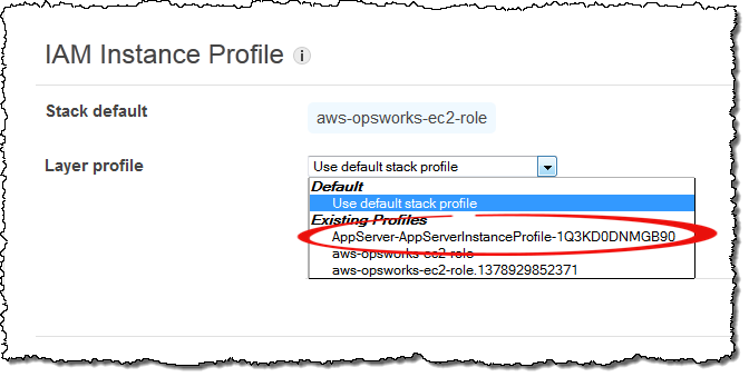 IAM Instance Profile dropdown showing available profiles, including a custom AppServer profile.