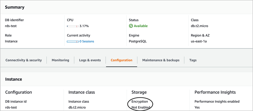 Auf der Übersichtsseite der Quell-PostgreSQL-DB-Instance wird angezeigt, dass die Verschlüsselung für den Speicher nicht aktiviert ist.