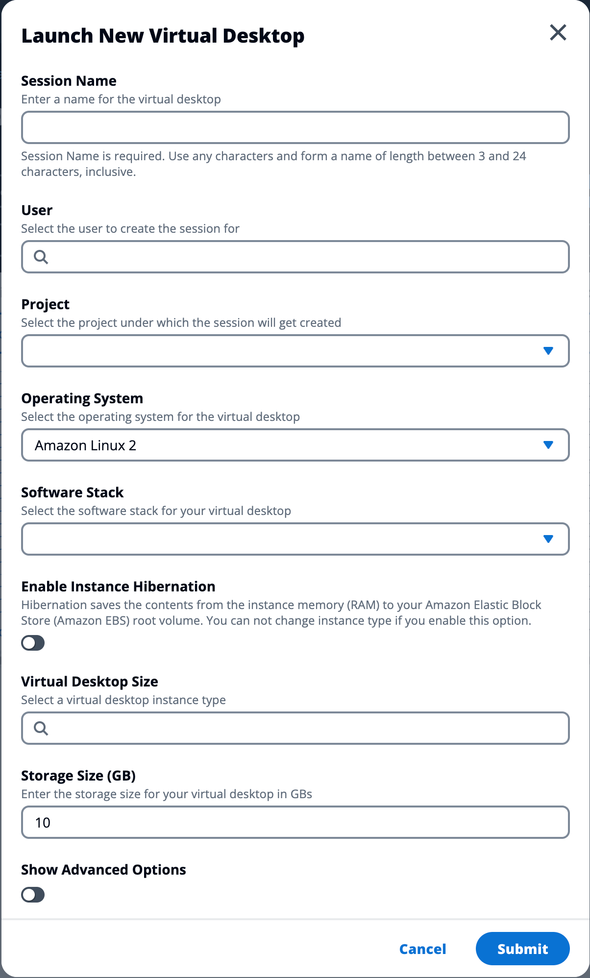 Details zur Seite der Admin-Konsole mit Feldern, die ausgefüllt werden müssen, um einen neuen virtuellen Desktop zu starten