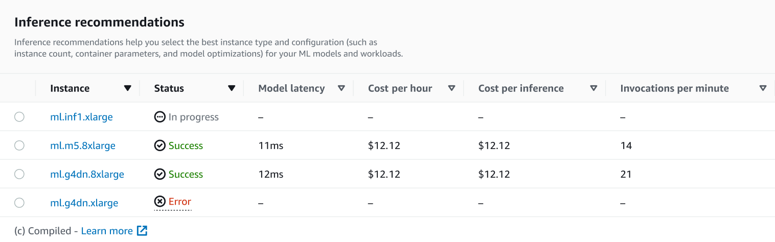 Screenshot der Liste der Inferenzempfehlungen auf der Seite mit den Jobdetails in der SageMaker Konsole.