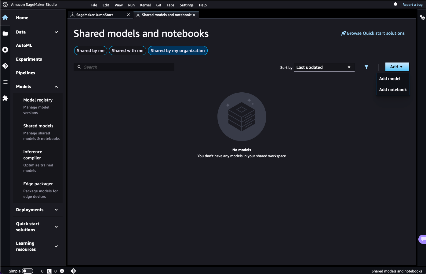 The menu to add shared models or notebooks to JumpStart.