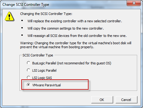 Dialogfeld „SCSI-Controllertyp ändern“, bei ausgewählter Option „VMware Paravirtual“.