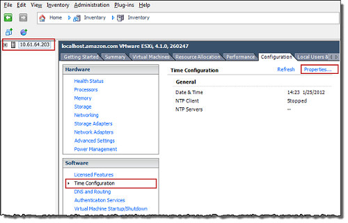 vSphere-Bildschirm mit Hostknoten mit ausgewählter Registerkarte „Konfiguration“ „Zeitkonfiguration“ und „Eigenschaften“.