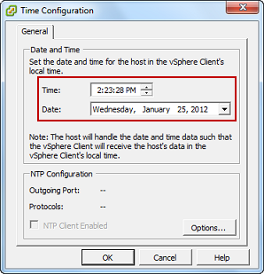 Bildschirm zur vSphere-Zeitkonfiguration mit hervorgehobenen Zeit- und Datumsfeldern.