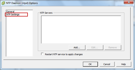 Optionsbildschirm für den vSphere NTP-Daemon mit hervorgehobenen NTP-Einstellungen.